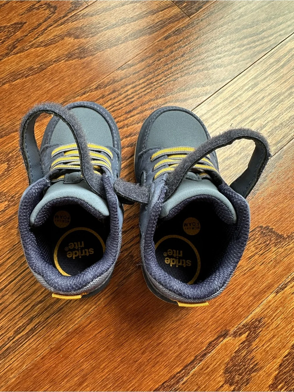 NWOT Stride Rite Ames Navy and Gray Boot/Sneakers with Yellow Accent